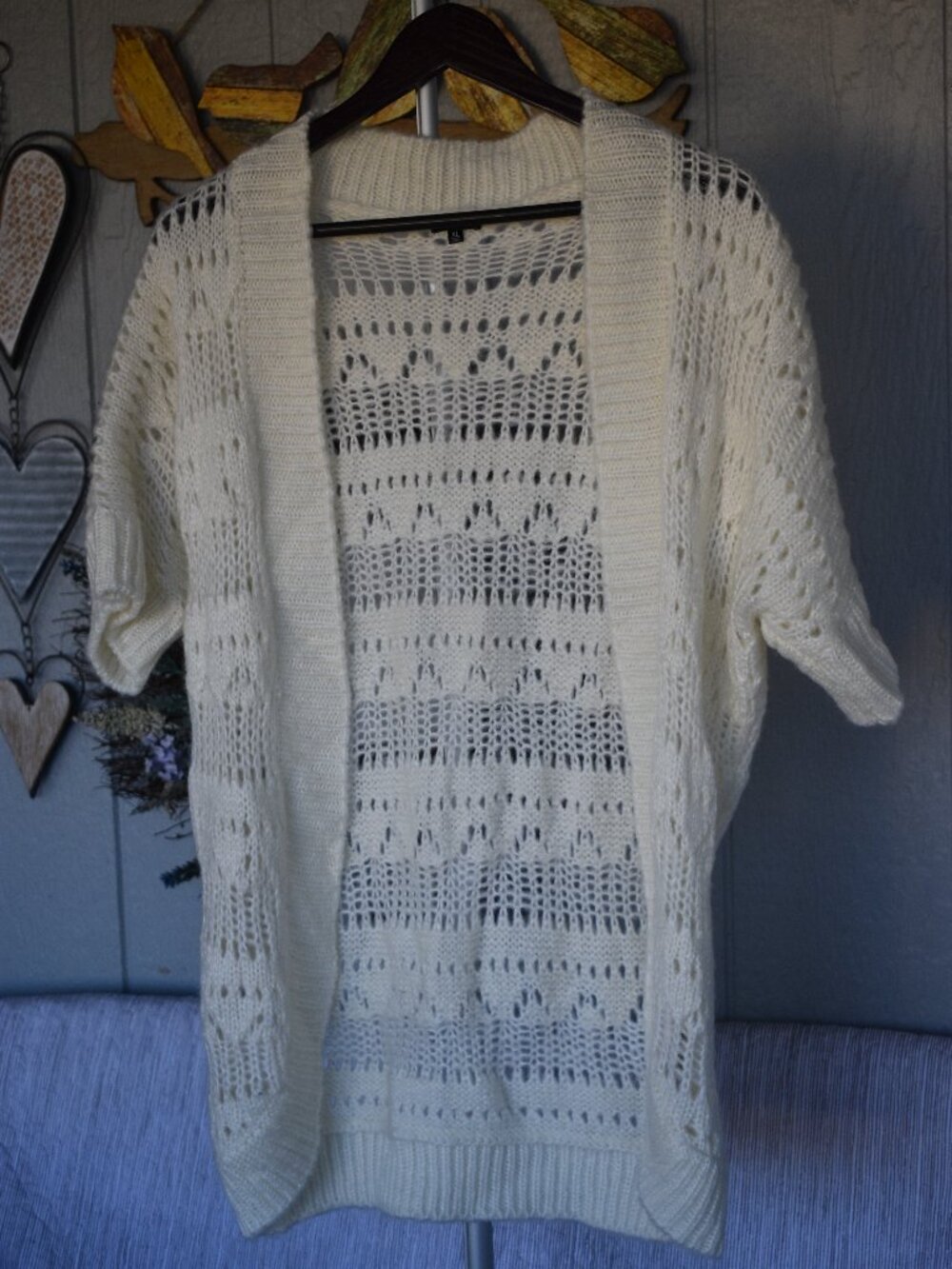 Maurices Ivory Pointelle Open Knit Short Sleeve Layering Cardigan Size XL